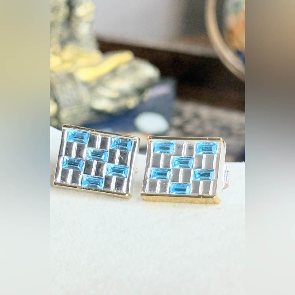 Givenchy Clip On Earrings Blue Crystal Checkerboard Signed Vintage Designer - Picture 3 of 10